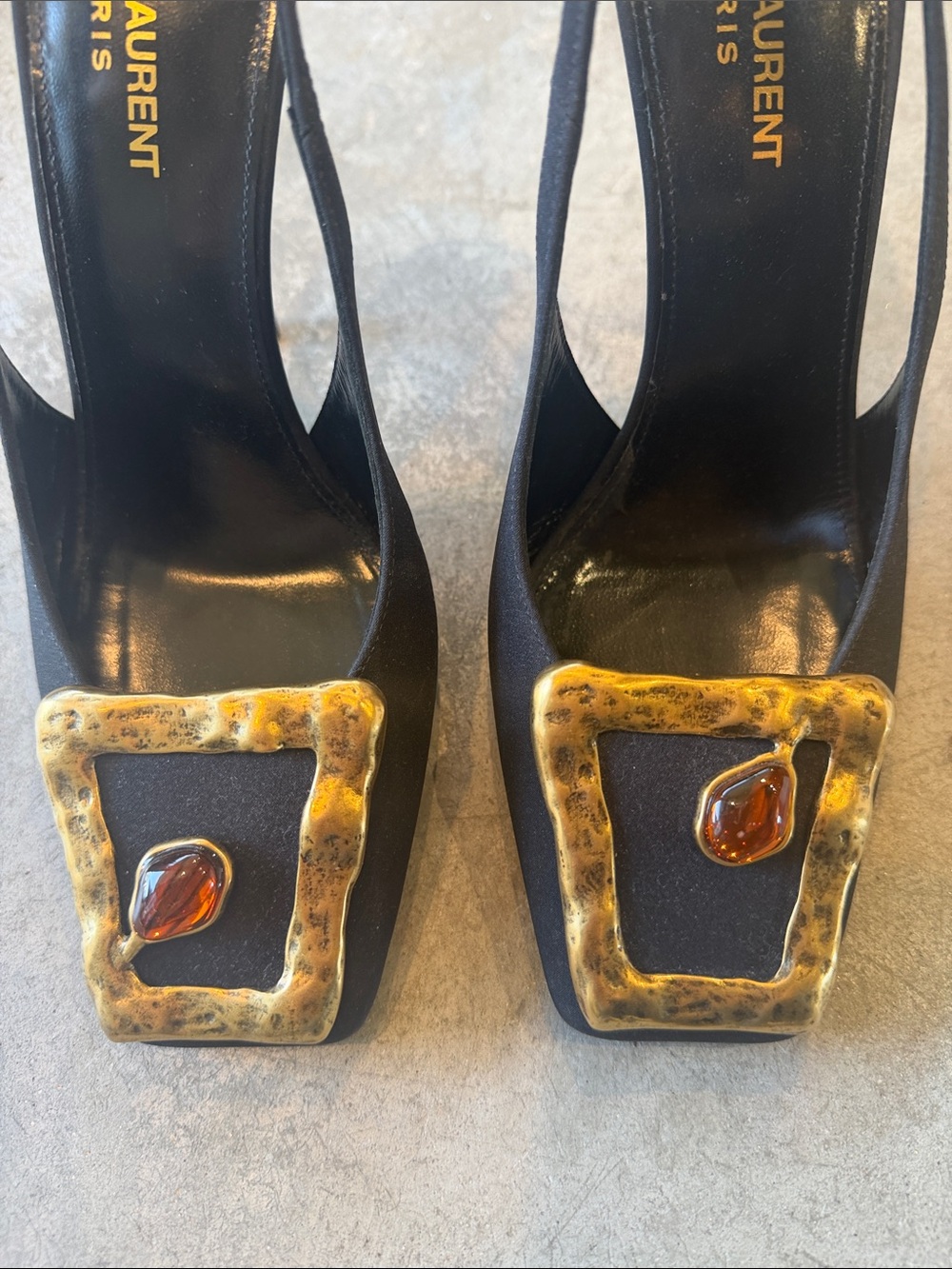 Saint Laurent Black Slingback Pumps with Hammered Gold Frame and Amber Detail - Picture 2 of 6